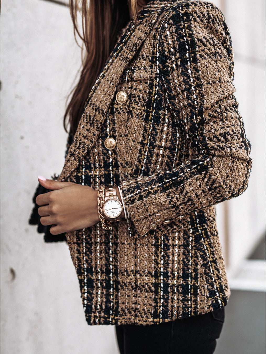 Elegant Double-Breasted Women’s Plaid Blazer