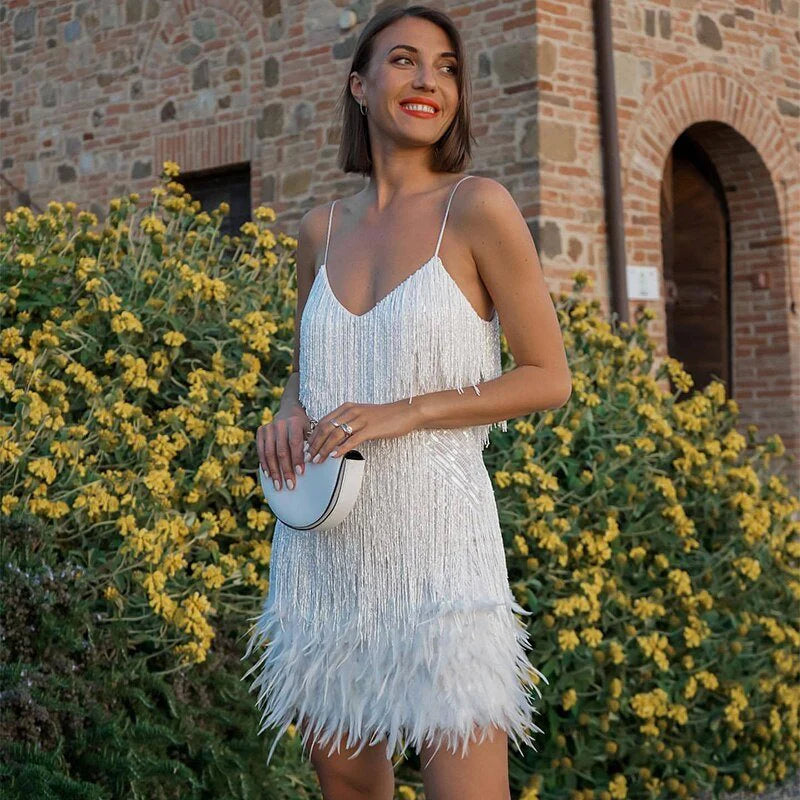 Elegant Feathered Sequin Evening Dress for Women
