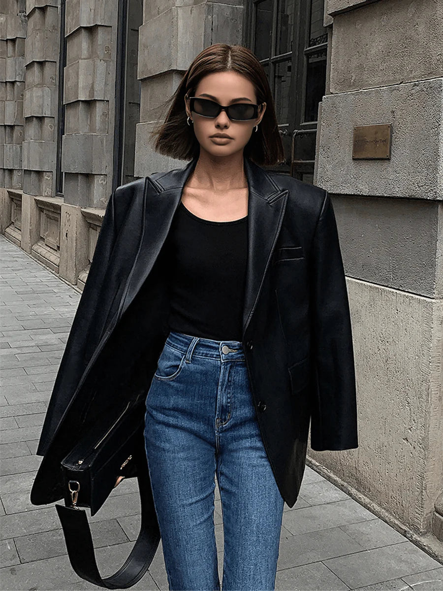 Modern Oversized Faux Leather Blazer for Women