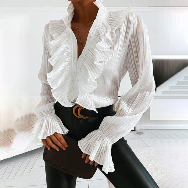 Women’s Ruffle Front Denim Blouse with Flared Cuffs