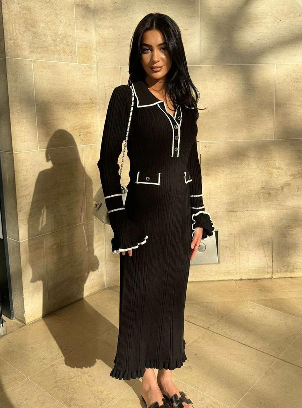 Chic Ribbed Knit Dress with Flared Sleeves for Women