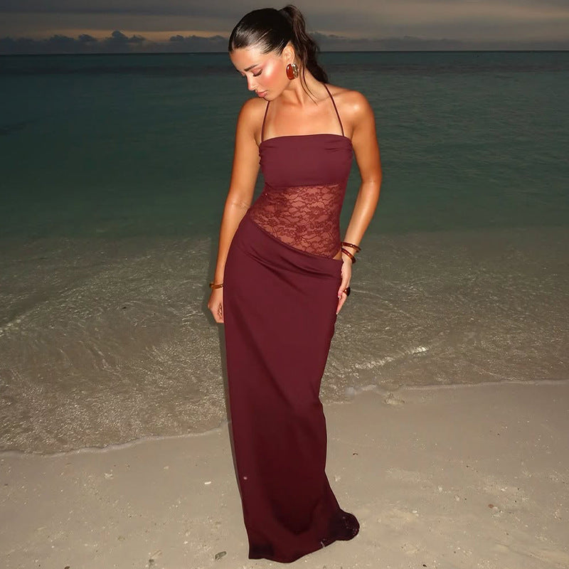 Thalia | Long Lace Dress with Elegant Sheer Panels for Women