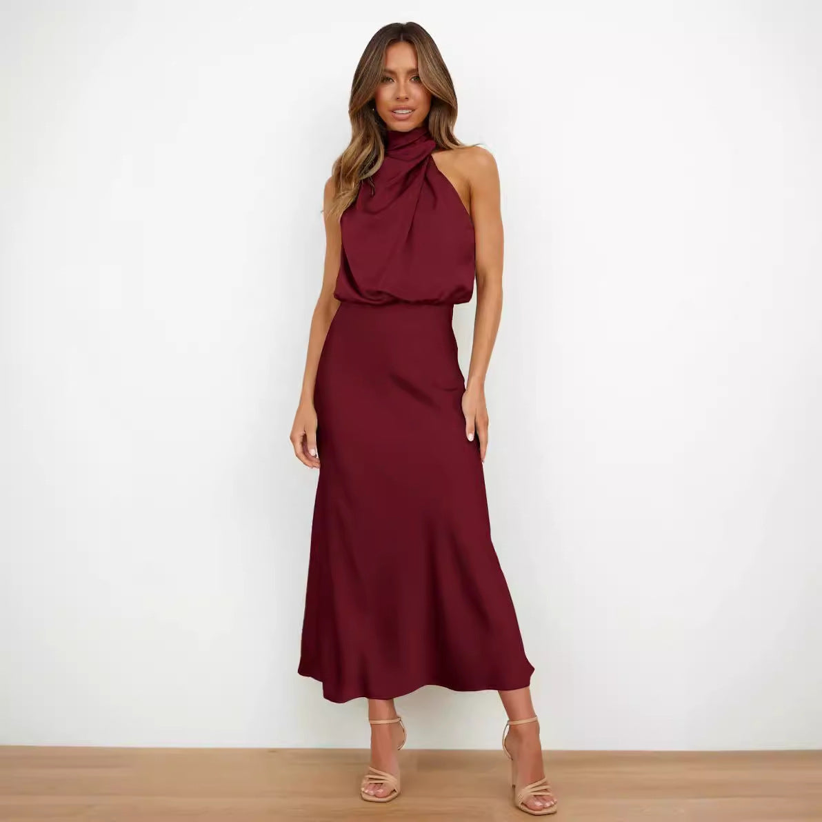 Elegant Halter Neck Satin Maxi Dress for Women