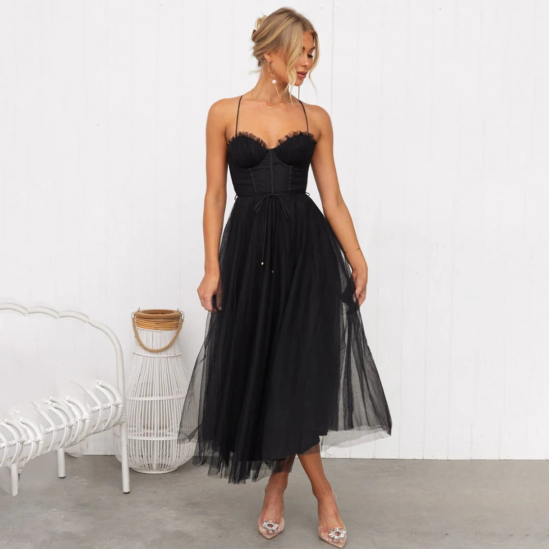 Amelia - Women’s Tulle Corset Midi Dress with Adjustable Straps