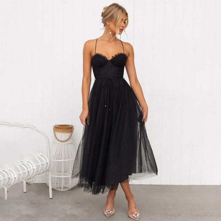 Amelia - Women’s Tulle Corset Midi Dress with Adjustable Straps