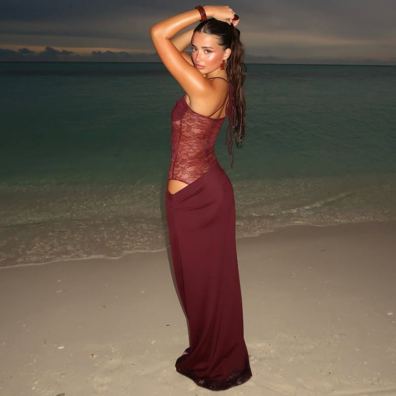 Thalia | Long Lace Dress with Elegant Sheer Panels for Women