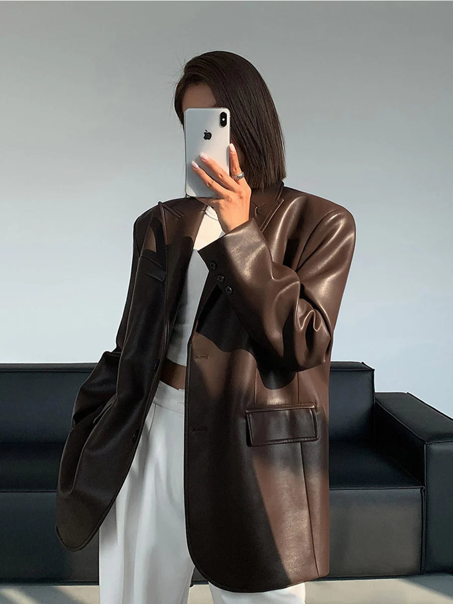 Modern Oversized Faux Leather Blazer for Women