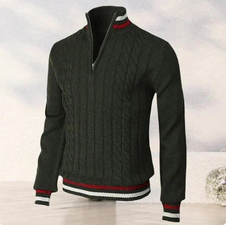 Elijah  - Men's Classic Cable Knit Half-Zip Sweater with Striped Accents