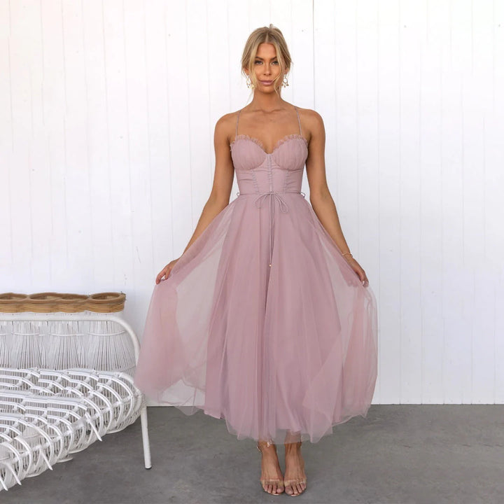 Amelia - Women’s Tulle Corset Midi Dress with Adjustable Straps